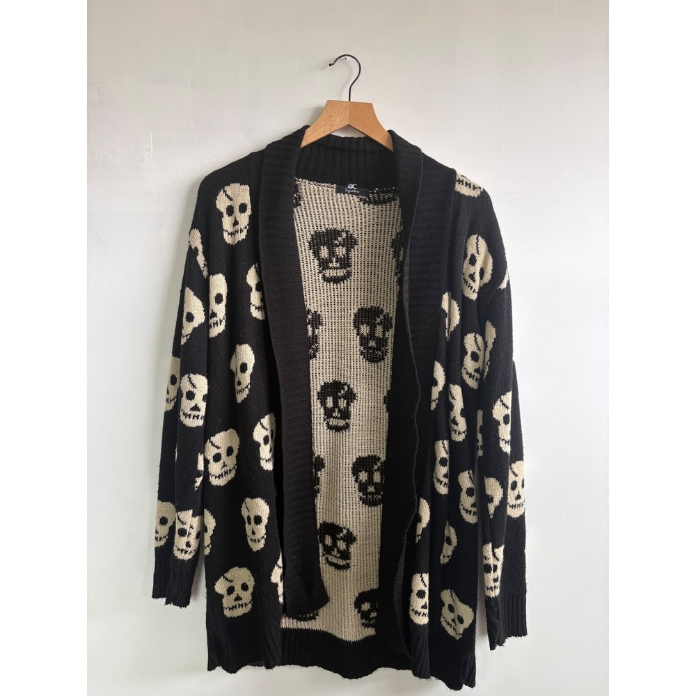 AC Signature Womens Skull Intarsia Open Front Cardigan Black Cream gothcore UK